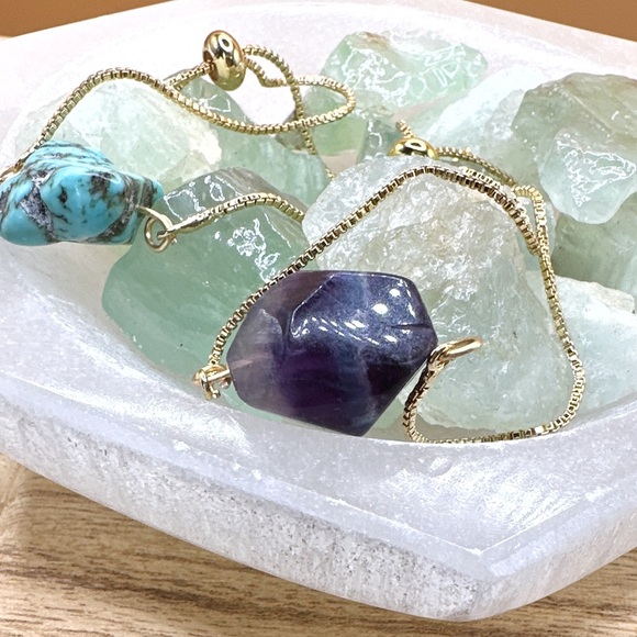 Fluorite /Turquoise gold adjustable chain dainty bracelet/purple fluorite - Picture 2 of 6